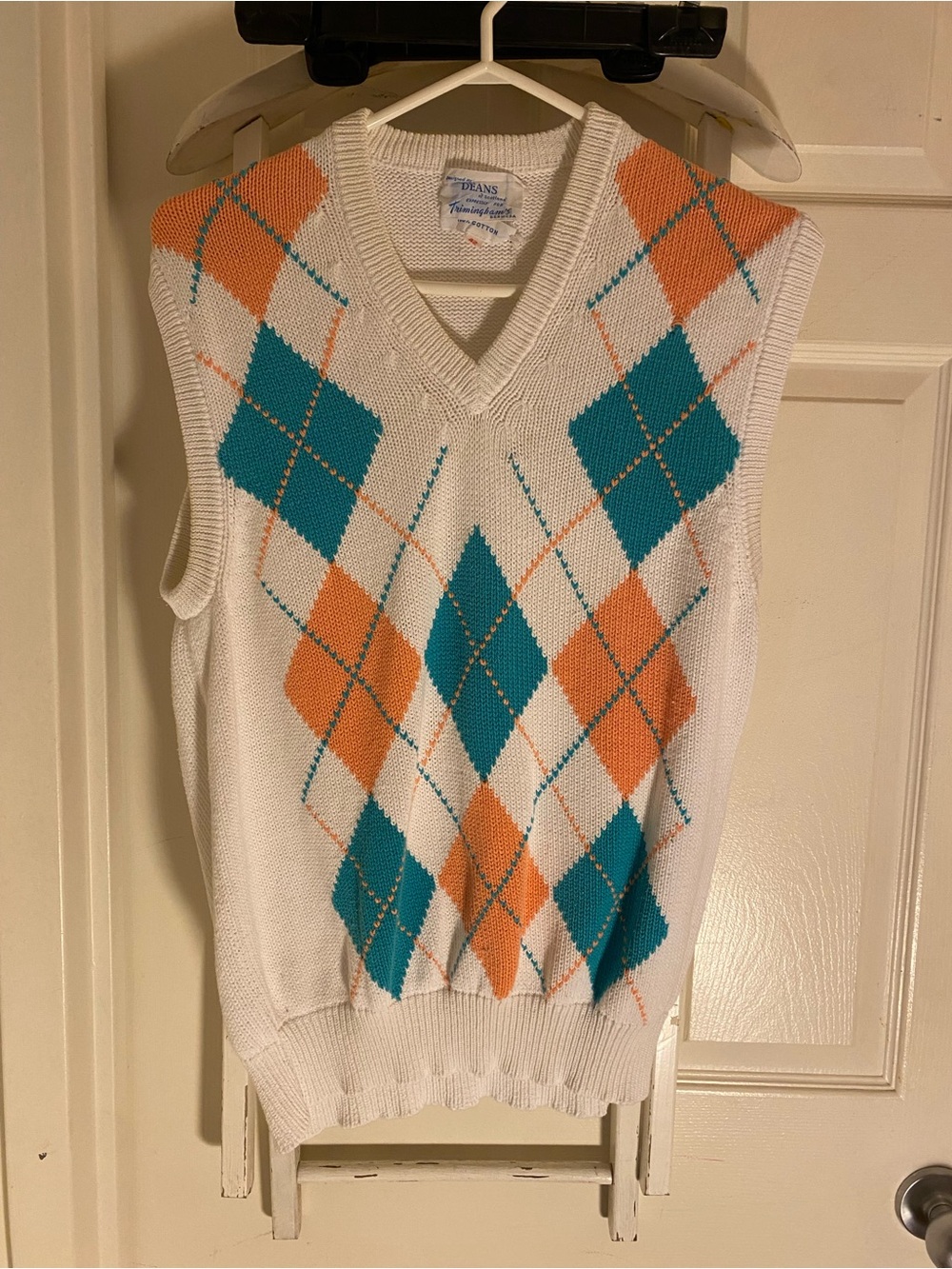 Classic V-Neck Argyle Sweater Vest in White with Teal & Orange